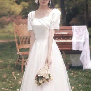 A-Line Vintage Wedding Dresses with Pearls & Two-tier Cute Wedding Veil